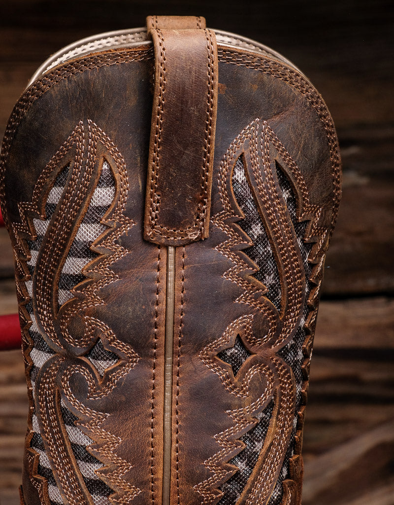 Close up of the boot shaft, brown leather with stars and stripes printed mesh inlay
