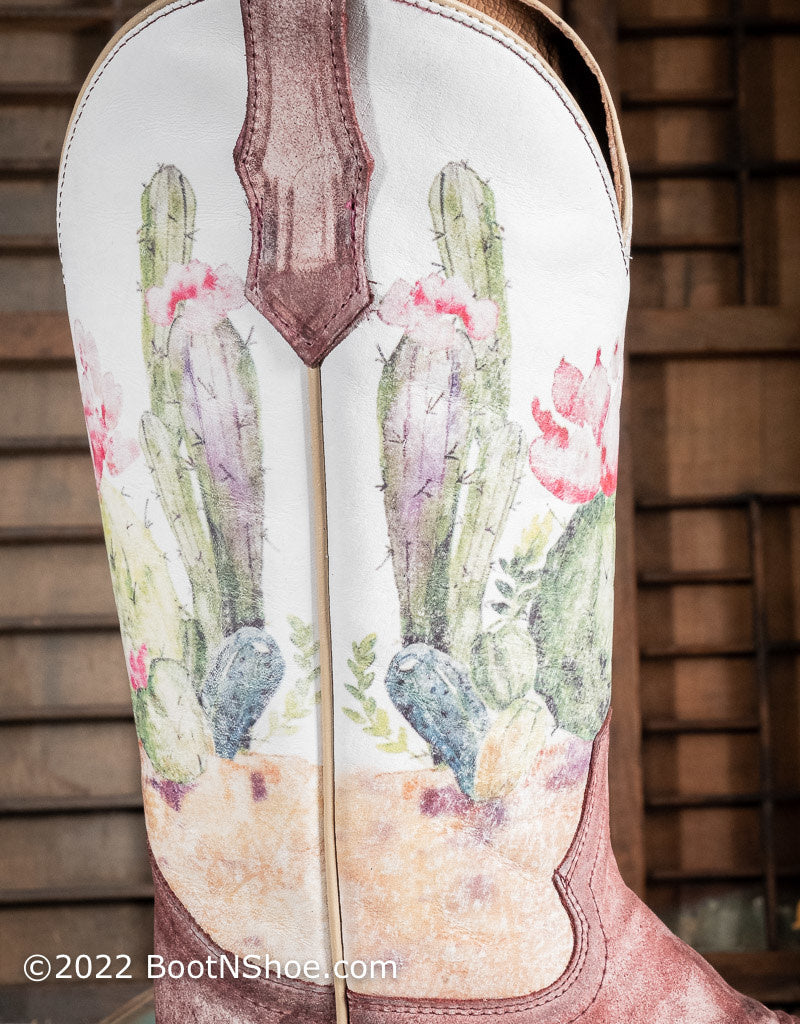 Women's Wine Desert Cactus Print Square Toe Western Boots L5812