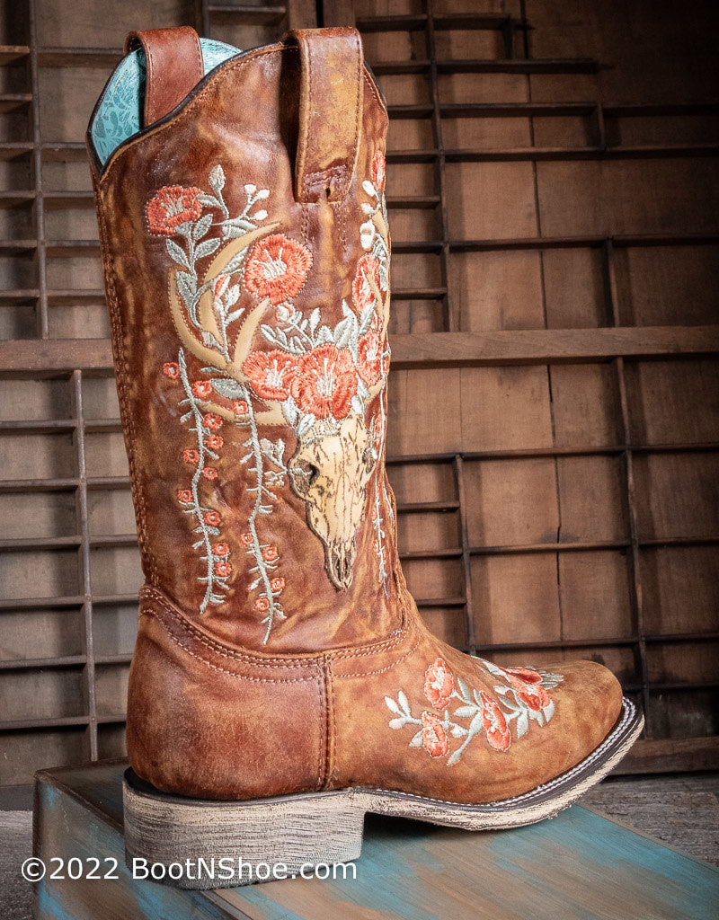Women's Deer Skull Overlay with Embroidery Square Toe Western Boot A3708