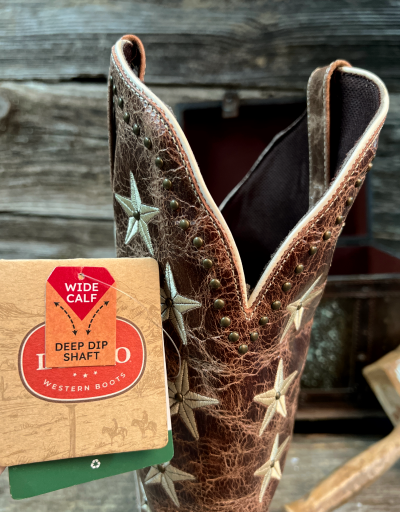 Brown cowboy boot with star patterns and a brand tag that says Wide Calf Deep dip shaft on a wooden surface