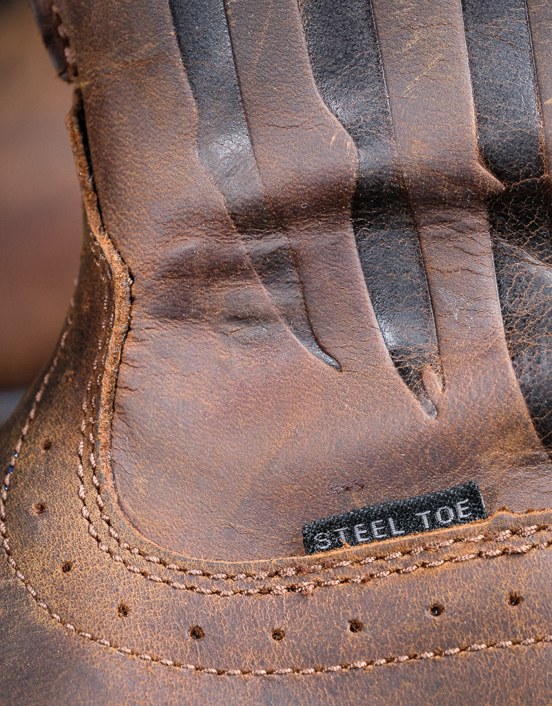 Close up on Steel Toe label tag on the shaft of the boot