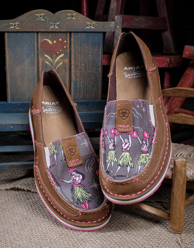 ariat aloha cruisers resting on two tiny wooden chairs. The shoes are brown with an aloha print on the toes