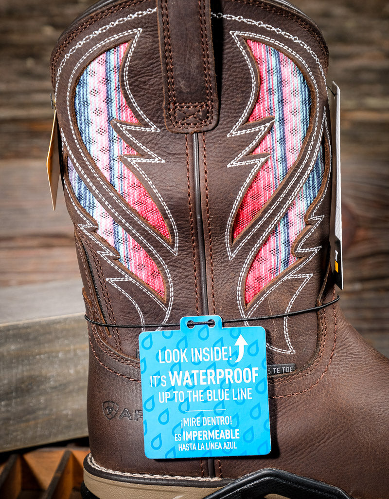 Brown cowgirl boot shaft with colorful vent panels and a blue label showing waterproof feature on a wooden surface