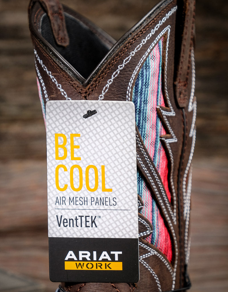 Ariat work boot with a label highlighting air mesh panels and VentTEK technology.