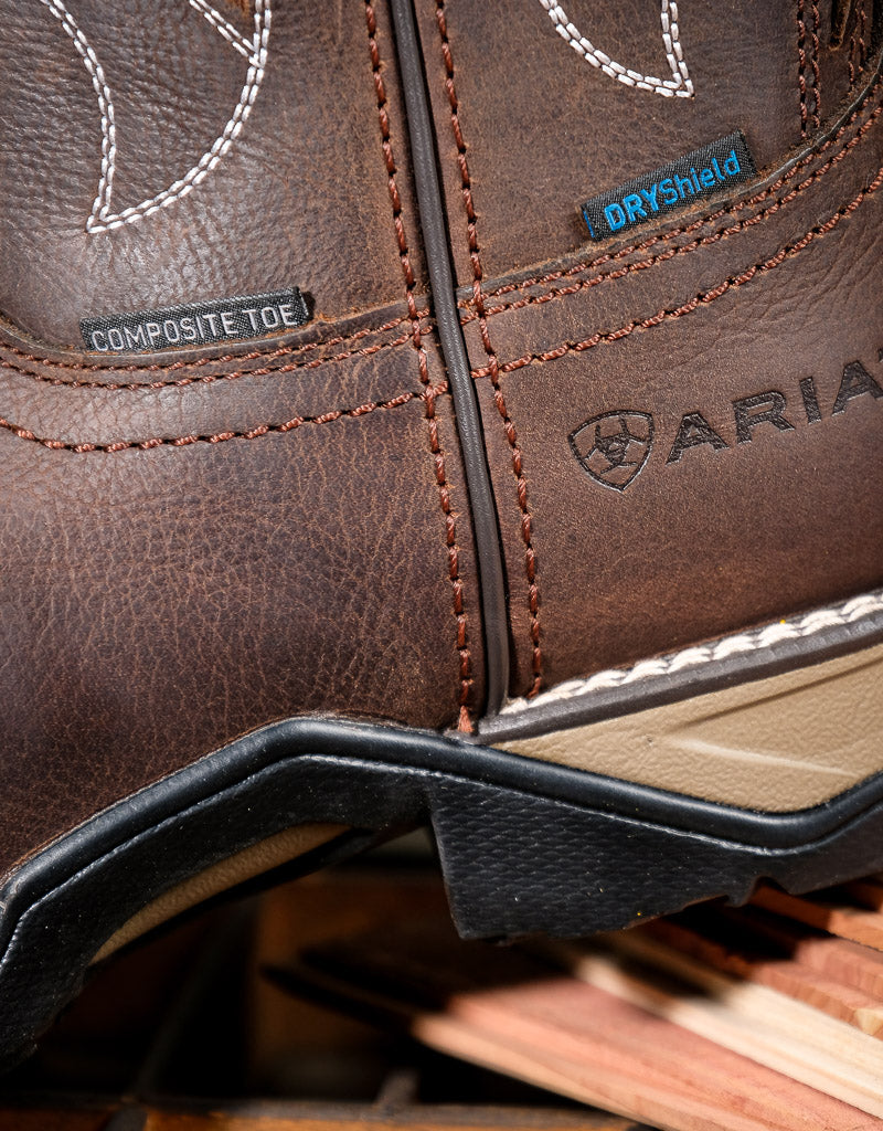 Close-up of a brown leather boot with 'DryShield' and 'Composite Toe' labels.