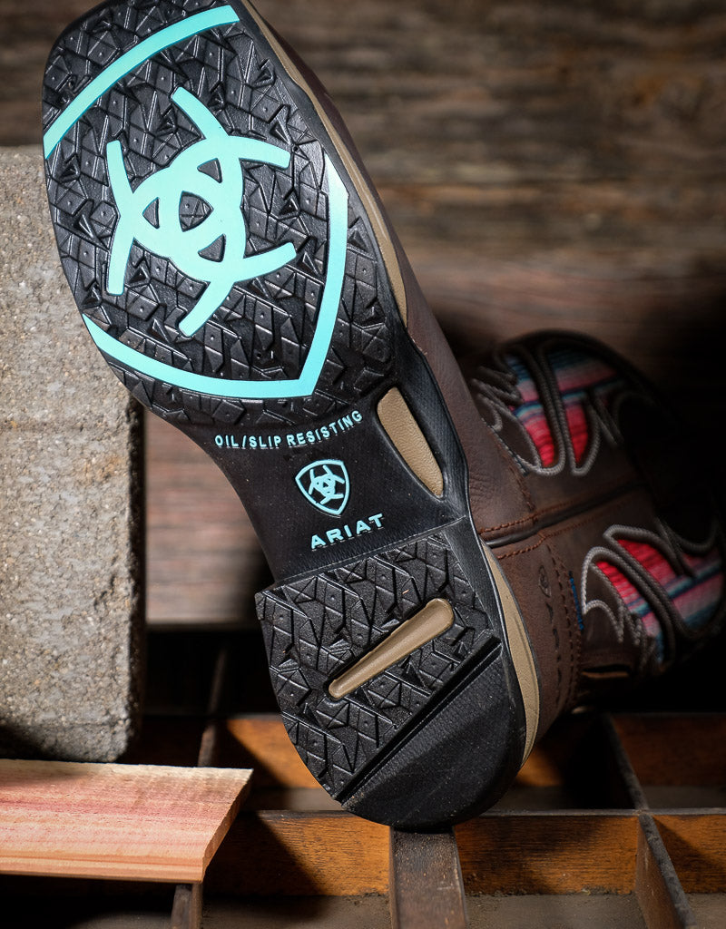 Close-up of Ariat work boots with focus on sole design.