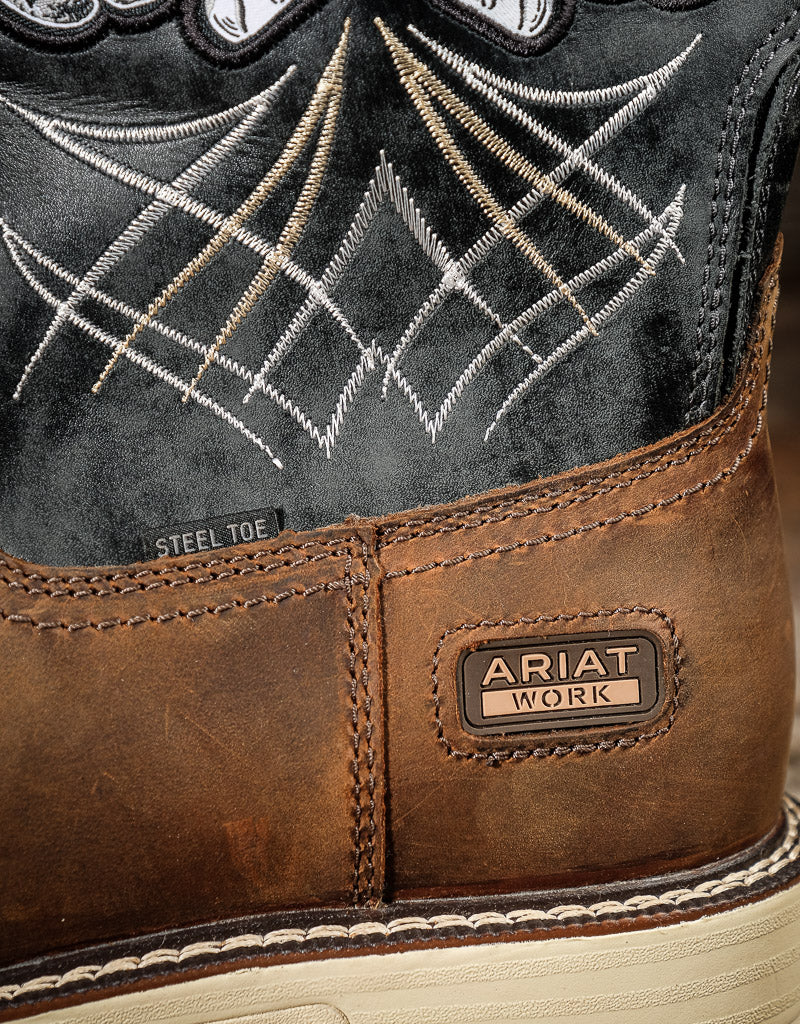 Close-up of a brown leather boot with intricate stitching and Ariat Work logo.