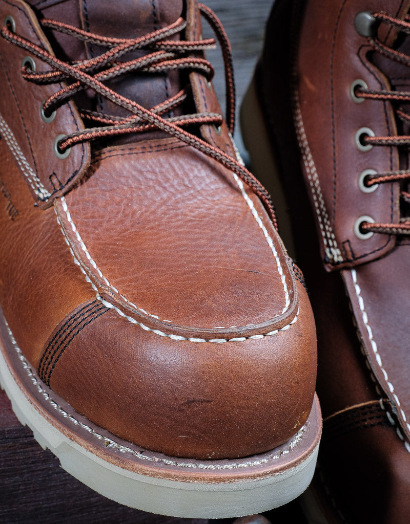 close up of moc toe on laceup boots