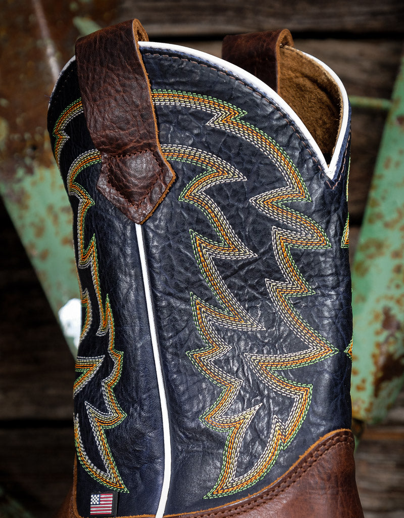 Close-up of a cowboy boot with intricate western stitching and leather details on a rustic background.
