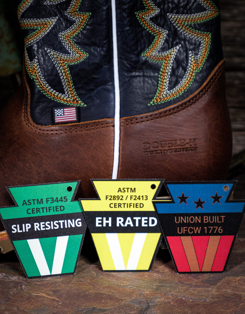 Pair of brown work boots with certification labels on a wooden surface