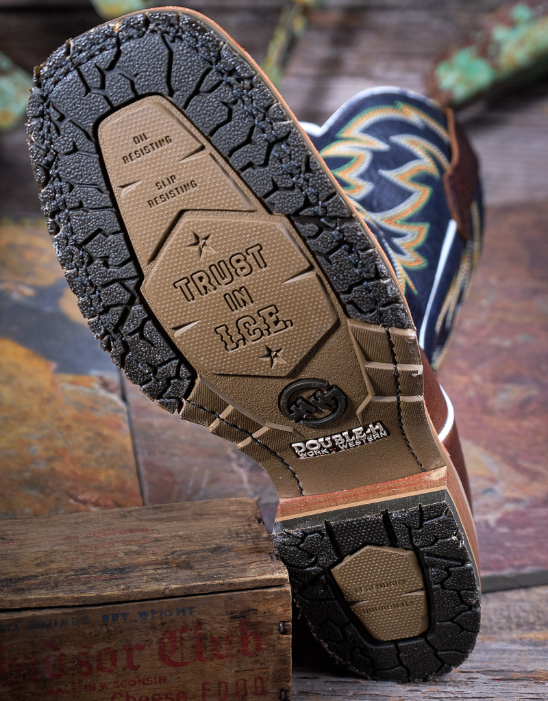 Close-up of a boot sole with 'Trust in L.C.E.' and 'Double H' branding on a rustic background.