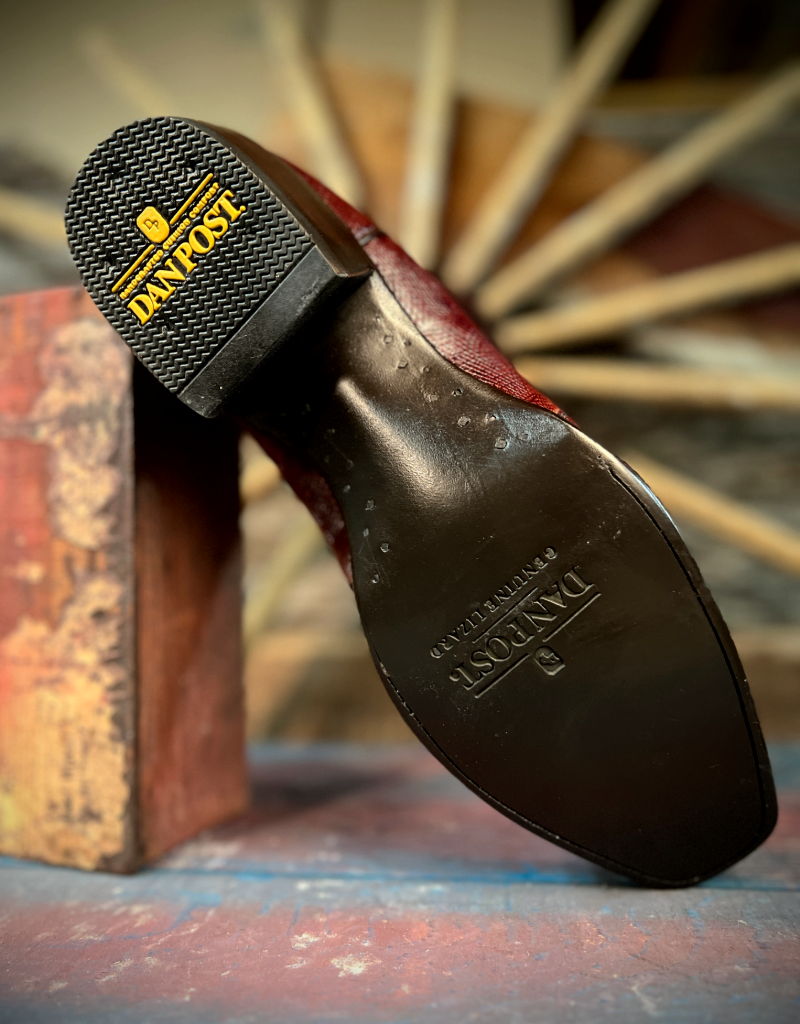 Close-up of a brown leather shoe sole with 'Danpostt' branding against a blurred background.