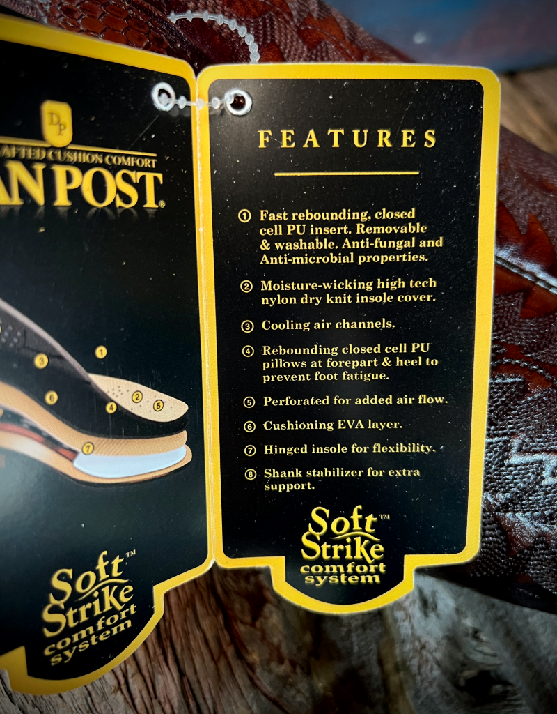 Product tag with features of a shoe, including Soft Strike comfort system, on a textured background.