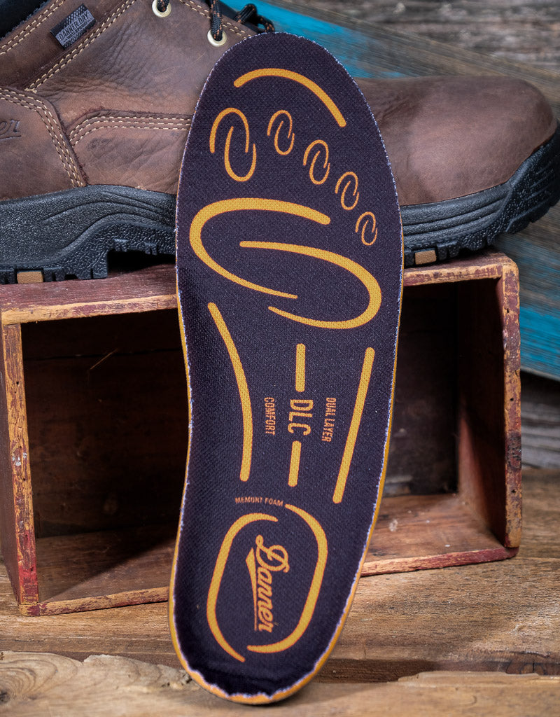Blue and yellow insole with brand logo on a wooden bench