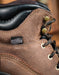 Close-up of a brown leather boot with a Danner Dry label on a blurred background