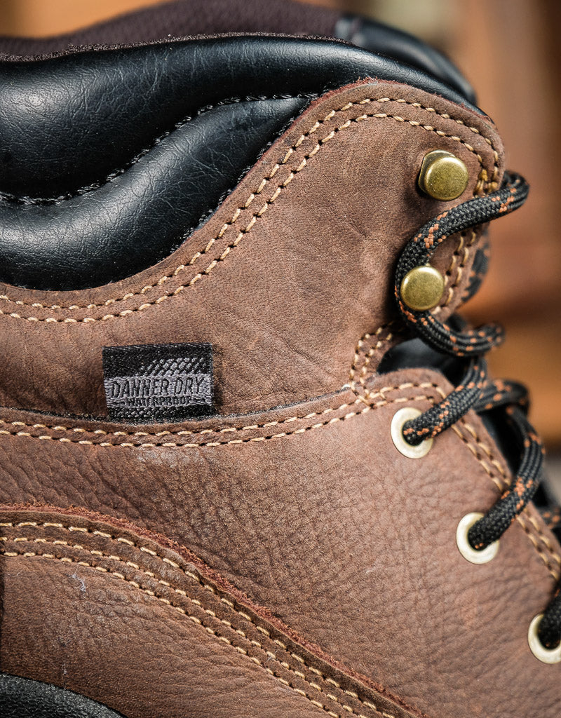 Close-up of a brown leather boot with a Danner Dry label on a blurred background