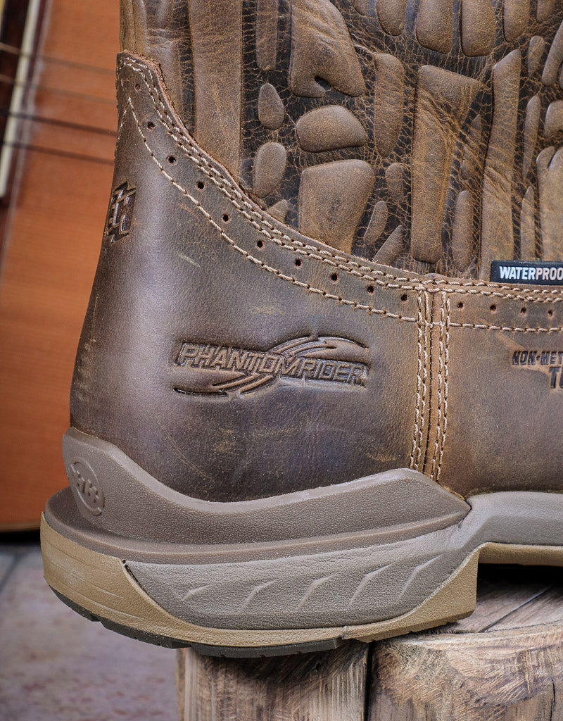 closeup on the heel on boot imprinted with the words Phantomrider