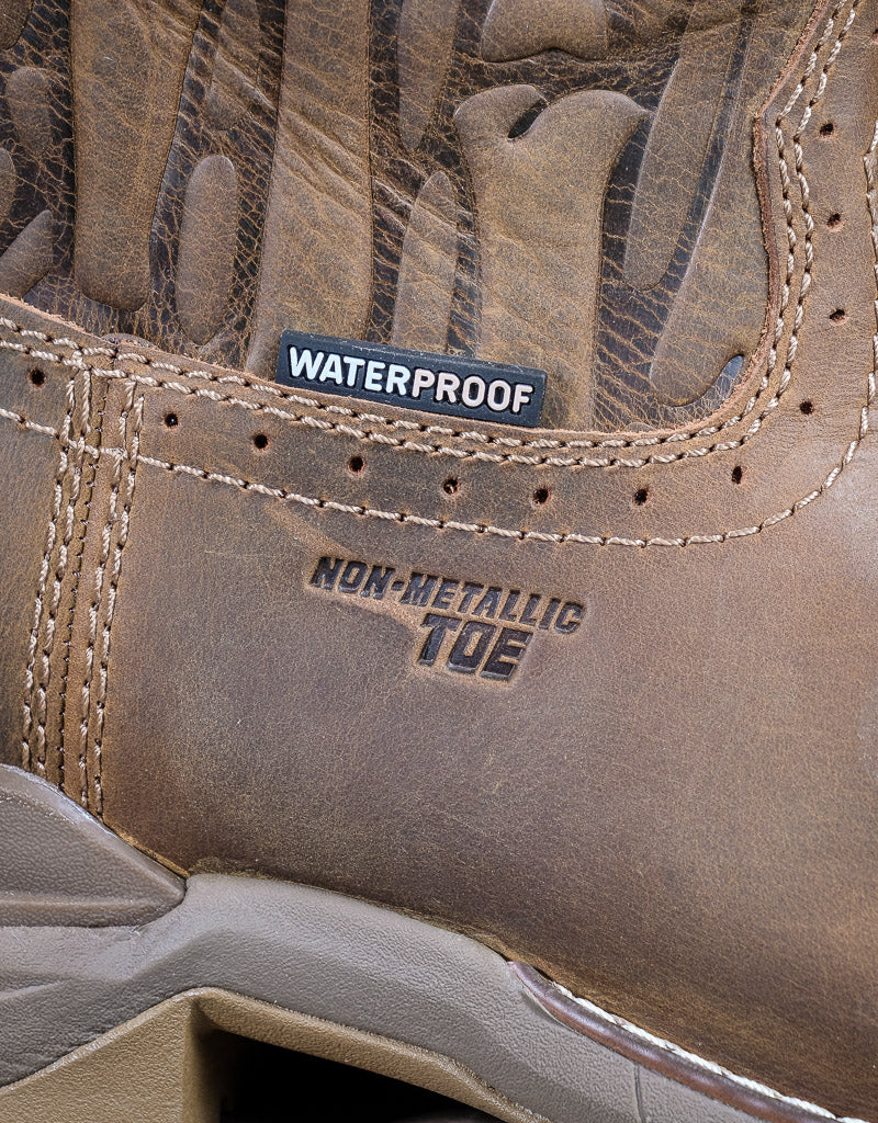 closeup on the waterproof tag and Non-metallic toe sign