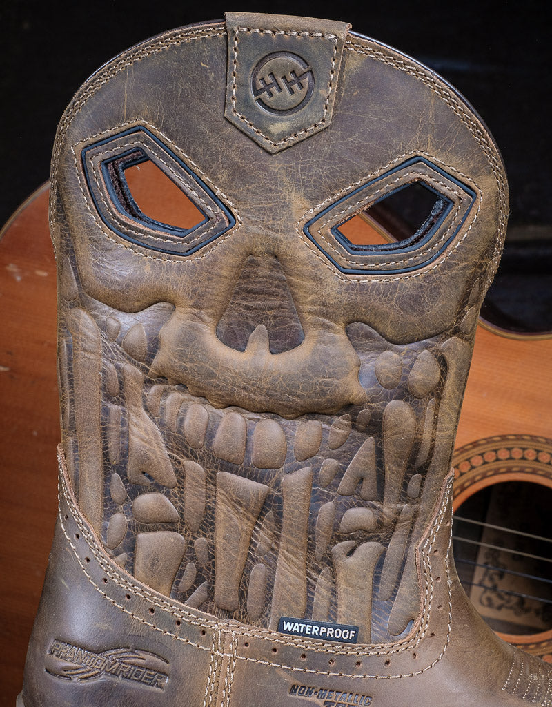 Skull detailing on the top of a leather western boot