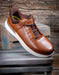 Brown leather shoe on a wooden pallet with a rustic background
