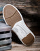 Close-up of a shoe sole with brand logo on a wooden surface