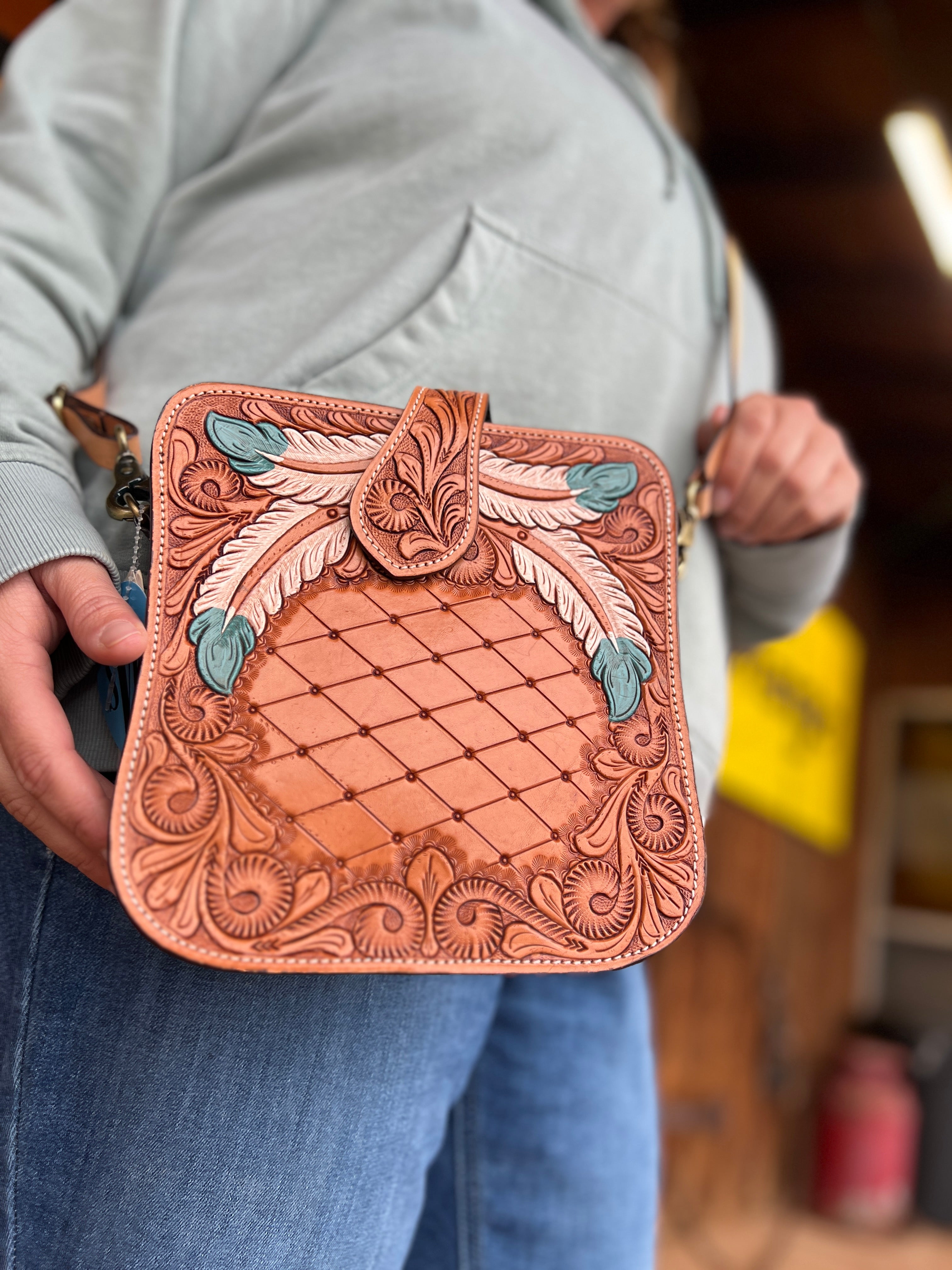 carved leather backpack Ladies Hand Carved Leather Painted Feather Handbag WHB-101N