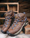 Keen Detroit XT boots resting on a wooden shelf