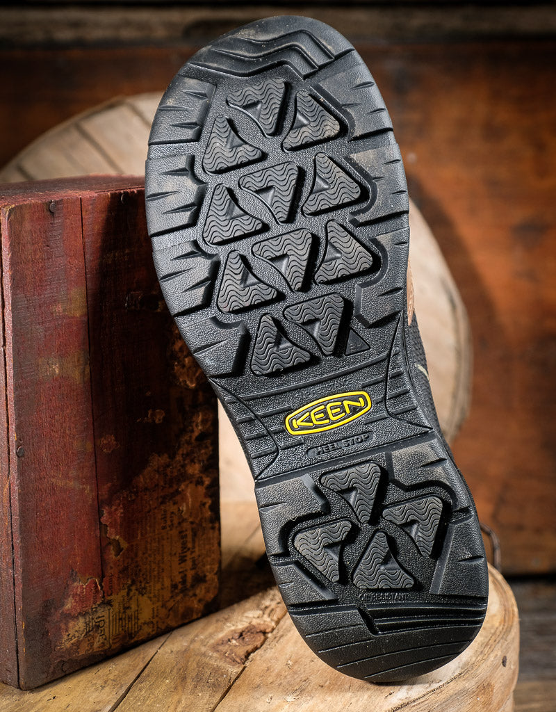 Close-up of a Keen boot sole on a wooden surface