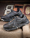 profile of 1 pair of black and camo athletic work shoes 