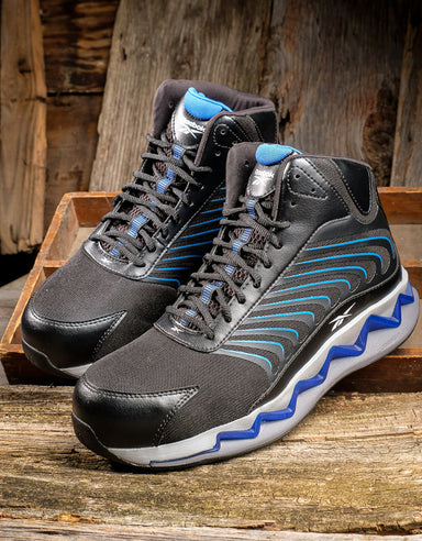 Reebok Zig Elusion work shoes they are black and blue with a blue zig zag through the grey sole