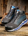 Reebok Zig Elusion work shoes they are black and blue with a blue zig zag through the grey sole