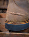 Close-up of a brown leather boot heel with visible stitching on a wooden surface.