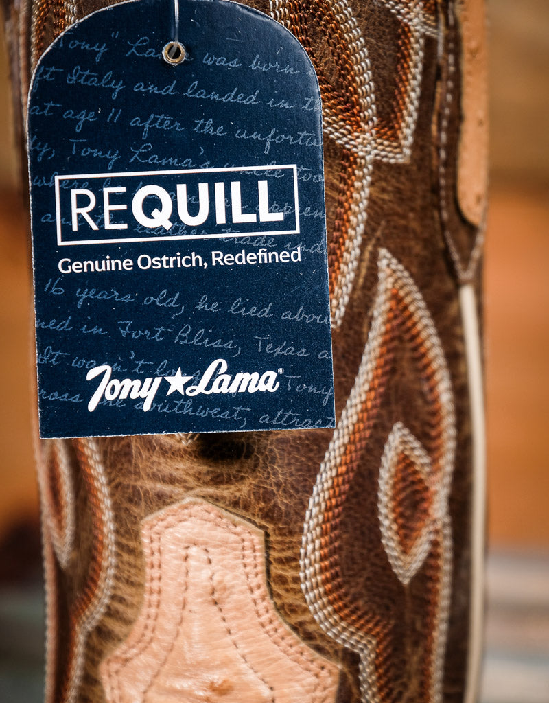 Close-up of a Tony Lama boot with a Requill label on a blurred background