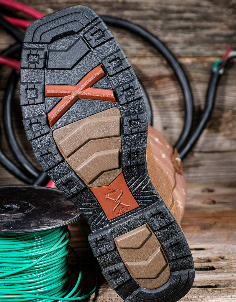 Close-up of a boot sole with a Twisted X brand logo on a wooden surface with cables.
