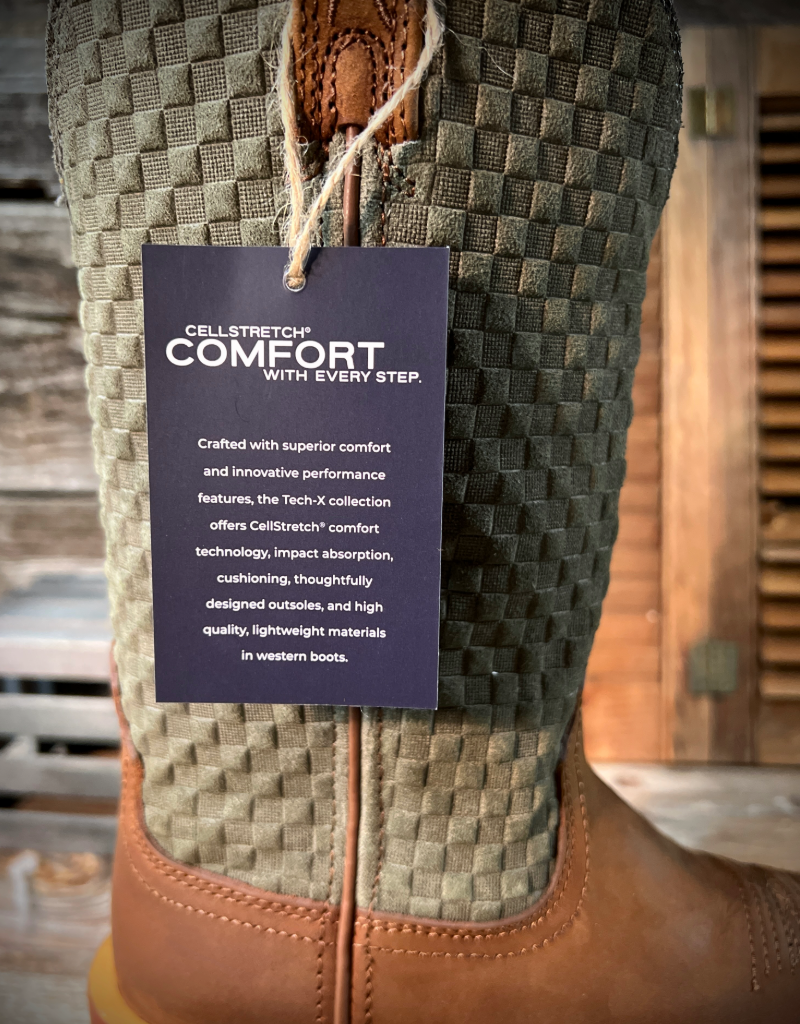 Brown boot with a visible Cellstretch tag on a blurred background