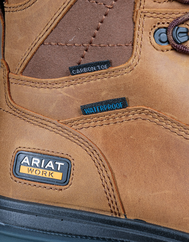closeup on Carbon toe and waterproof tag beside Ariat Work Emblem
