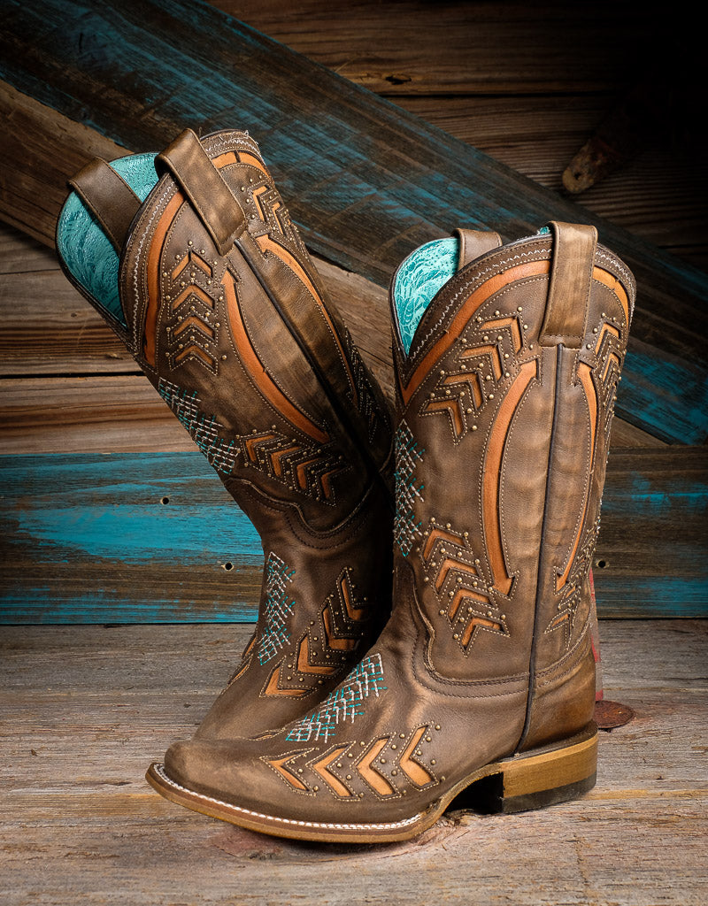 WOMENS COWGIRL Cowboy Square Toe Leather Western Embroidered BOOTS 