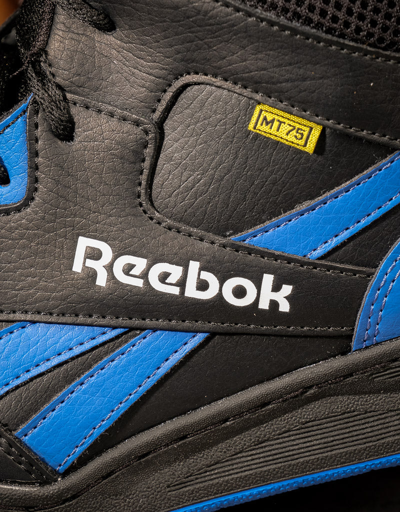 Closeup on MT75 met guard tag and Reebok symbol on shoe