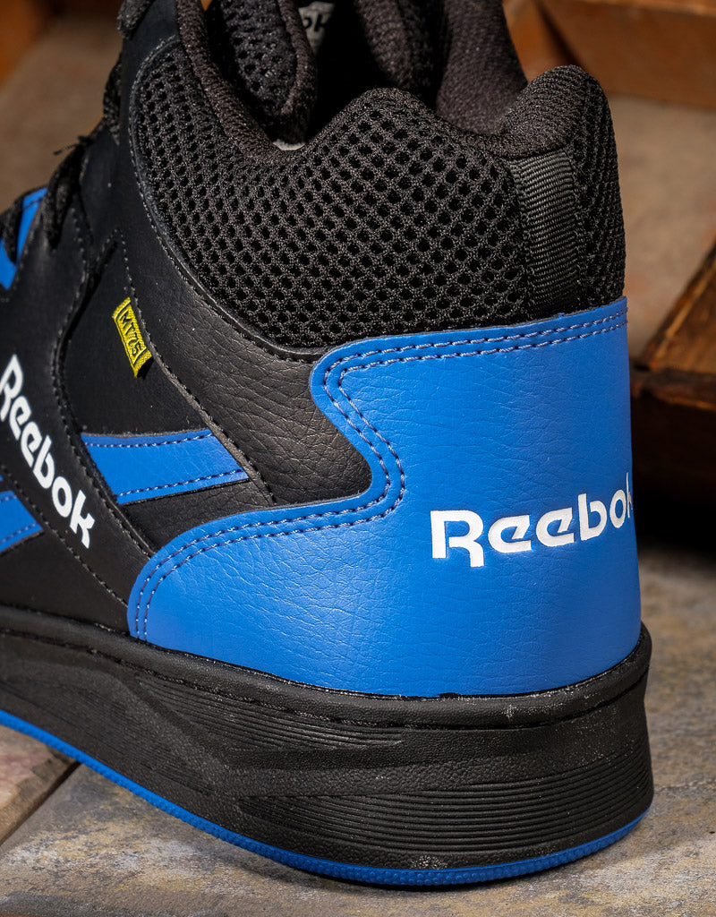 Close up on the heel of reebok shoe with blue back and white reebok symbol