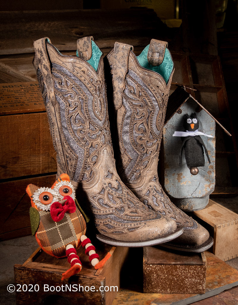 Women's Brown/ Grey Shimmer Inlay Square Toe Western Boots E1512